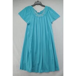 Vtg Shadowline Bright Blue Nylon Nightie Nightgown M Embroidered Roses Granny